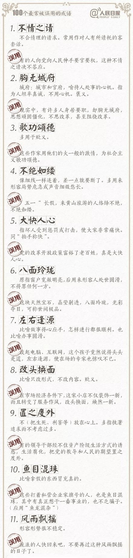 人民日?qǐng)?bào)總結(jié)了100個(gè)最常被誤用的成語(yǔ)，給孩子看看，別再用錯(cuò)了！